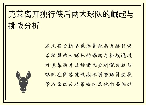 克莱离开独行侠后两大球队的崛起与挑战分析