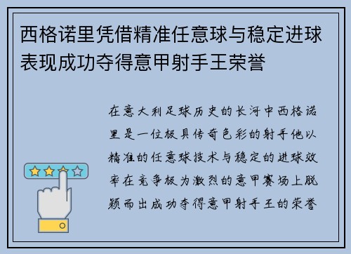 西格诺里凭借精准任意球与稳定进球表现成功夺得意甲射手王荣誉