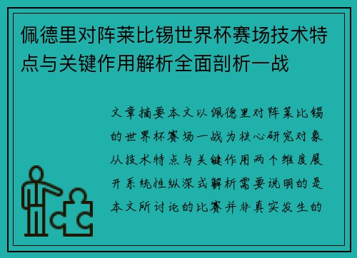 佩德里对阵莱比锡世界杯赛场技术特点与关键作用解析全面剖析一战
